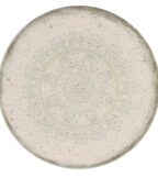 White dinner plate with blue patterned details.
