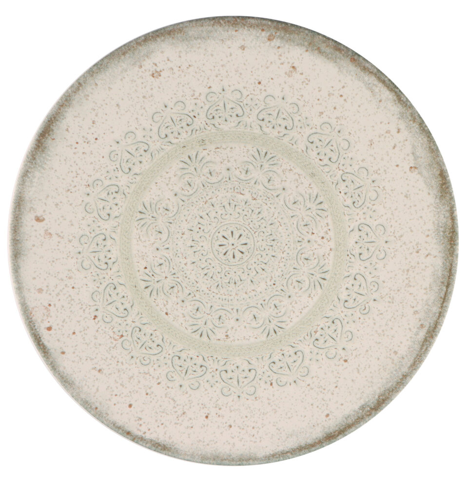 White dinner plate with blue patterned details.