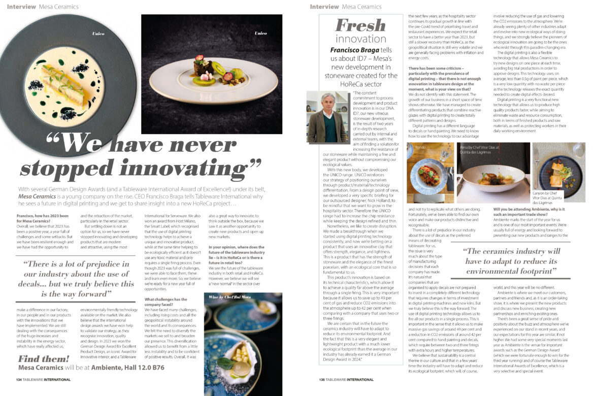 Tableware International interview with Mesa Ceramics on innovation.
